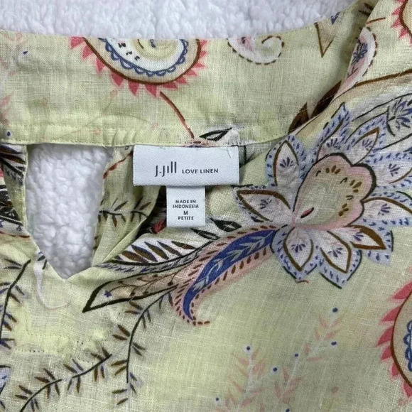 J Jill Love Linen Blouse Yellow Paisley Pattern Split Neck 3/4 Sleeve Size med - Picture 5 of 14